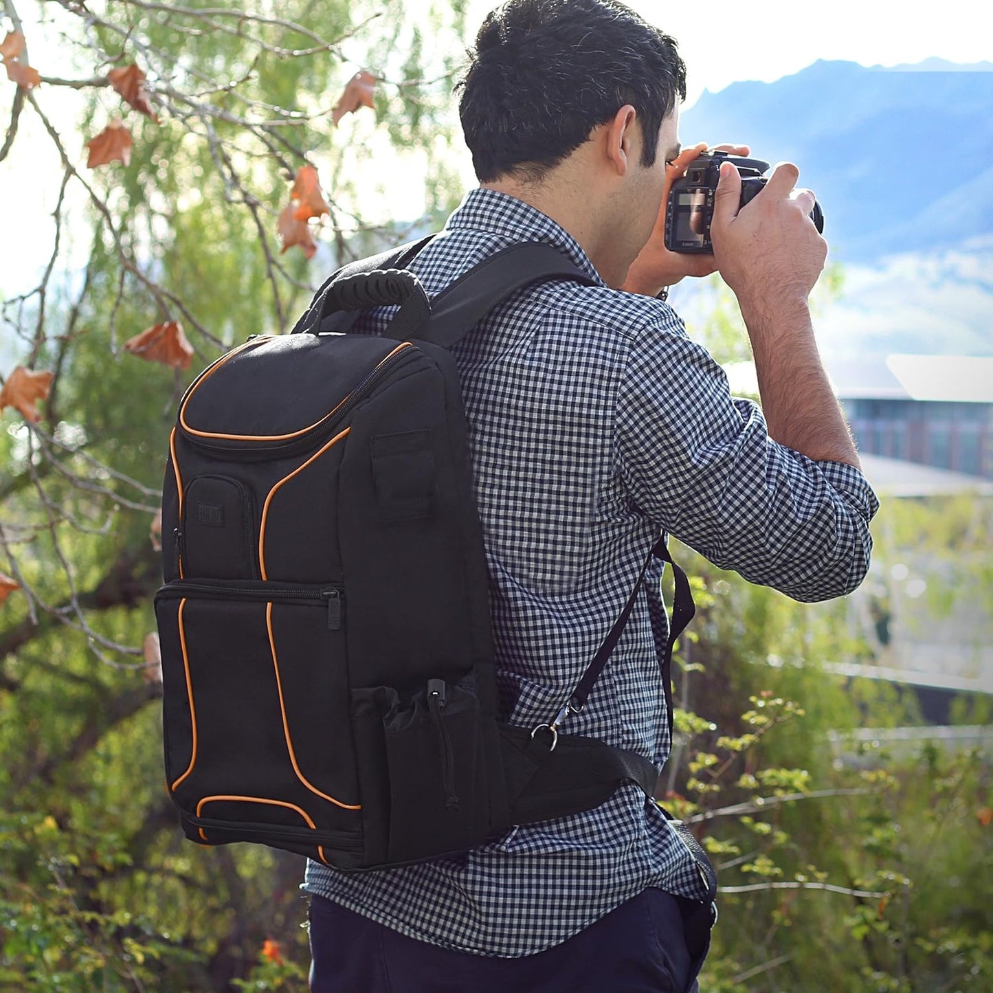 DSLR Camera Backpack Case (Orange) - 15.6 Inch Laptop Compartment, Padded Custom Dividers, Tripod Holder, Rain Cover, Long-Lasting Durability and Storage Pockets - Compatible with Many Dslrs
